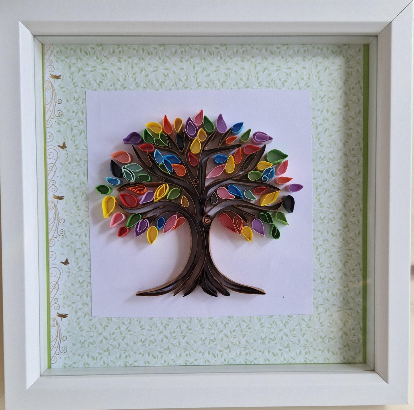 Handmade Quilled Paper Tree Wall Art: Colorful Filigree in White Frame