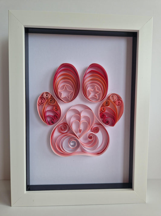Handmade Quilled Paper Paw Print in a Frame | Filigree Quilling | Cat Dog Pink