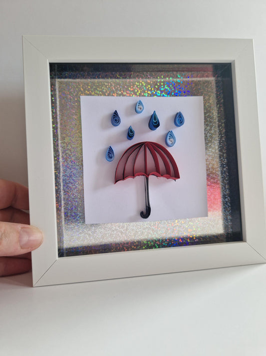 Handmade Quilled Paper Umbrella in a Frame | Rainy Day Quilling Wall Art Gift Unique Nursery Decor Fancy Colourful Fun!