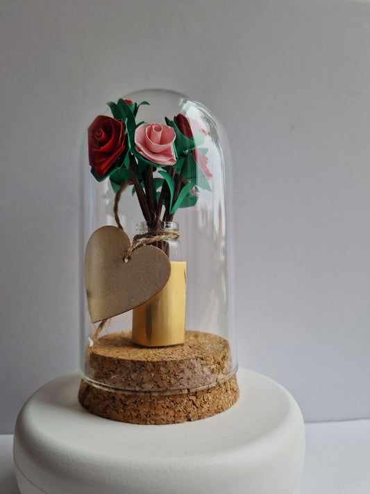 Paper Quilling Roses in a Vase and encased in a Cloche Jar. Christmas Mother's Day Birthday Gift