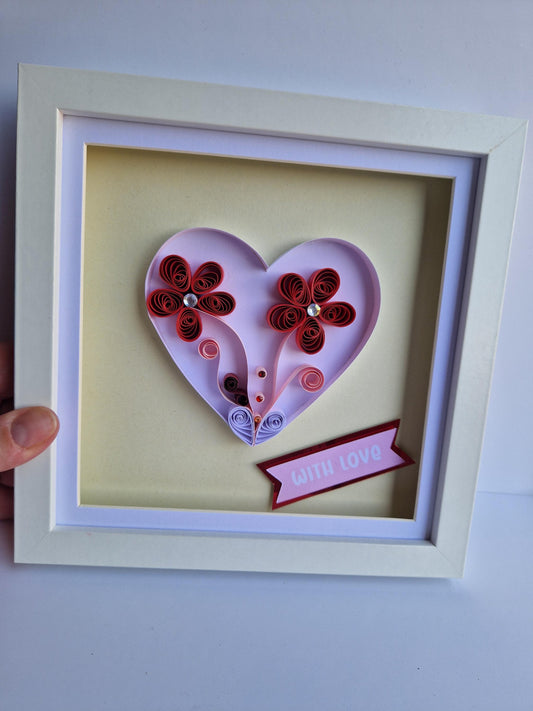 Handmade Quilled Paper Flower Heart in Frame: Unique Filigree Wall Art