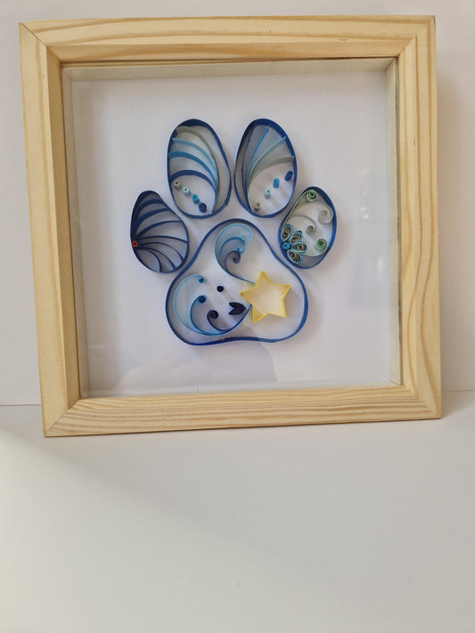 Handmade Quilled Paper Paw Print in a Frame | Filigree Quilling | Cat Dog Blue
