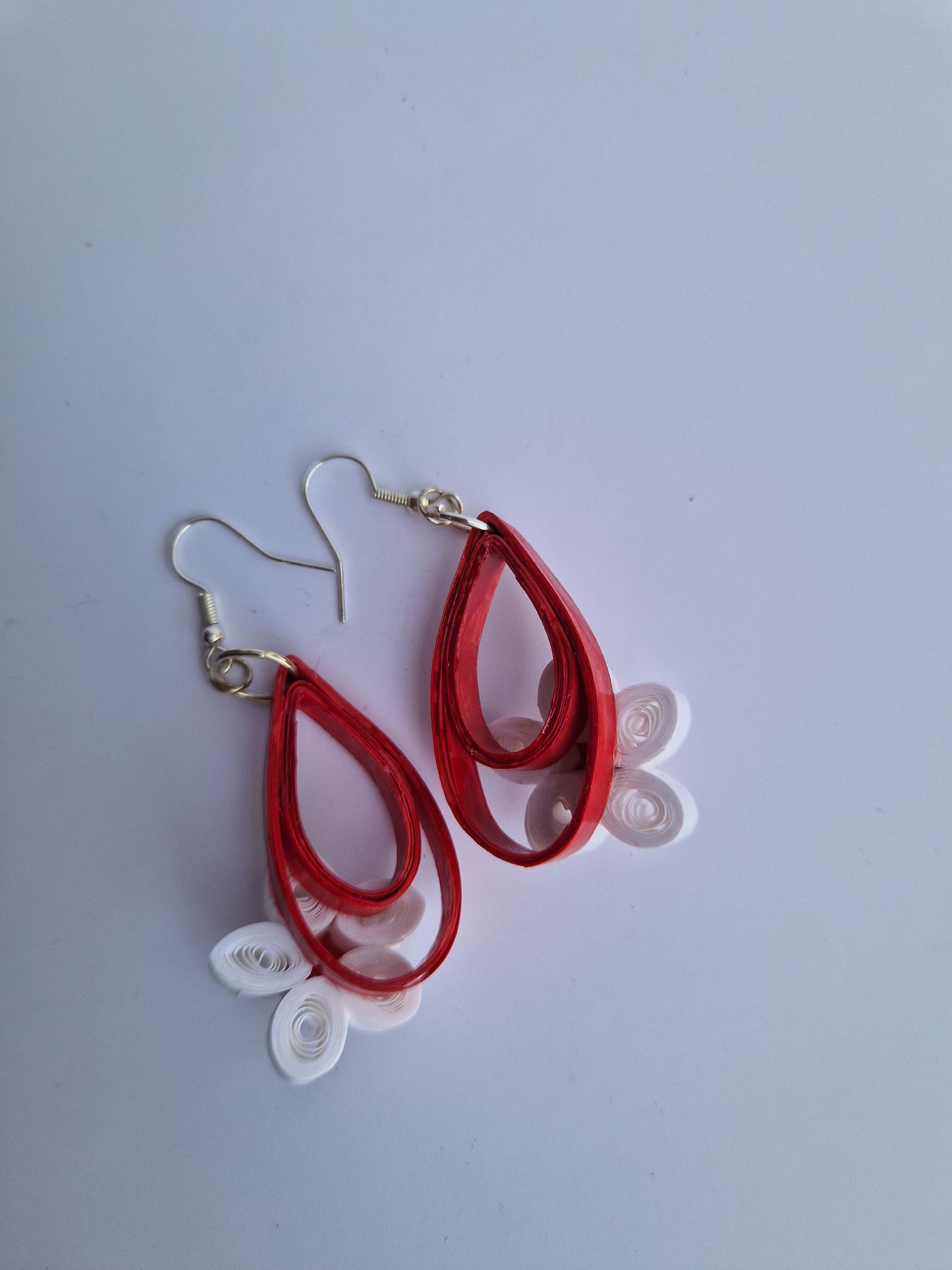 Handmade Quilled Paper Red Flower, Unusual Unique Shaped Earrings