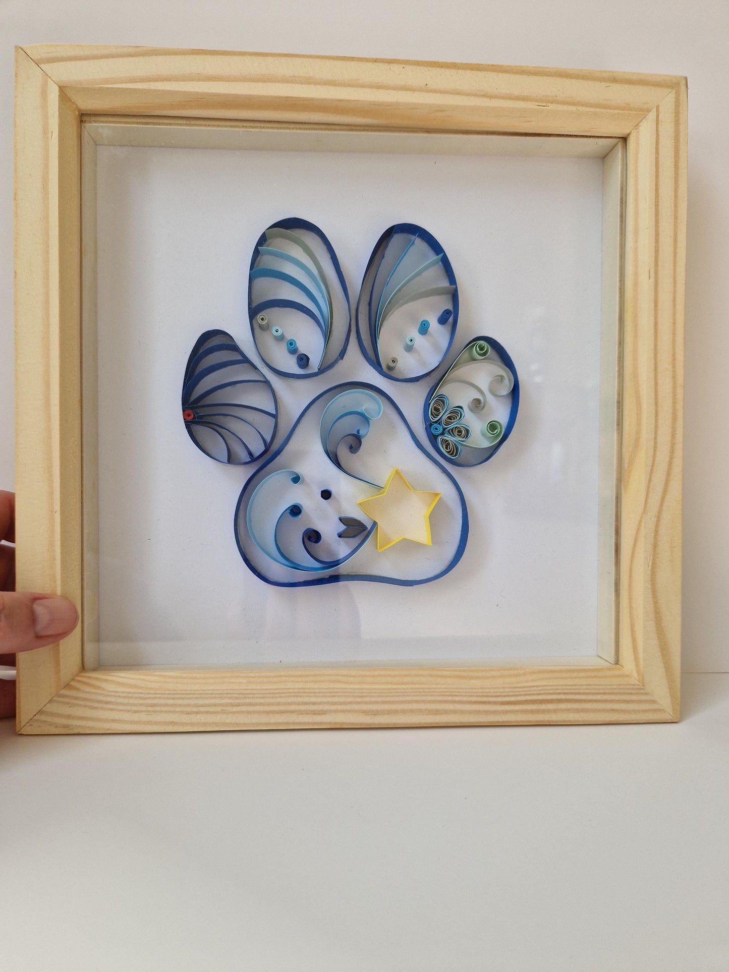 Handmade Quilled Paper Paw Print in a Frame | Filigree Quilling | Cat Dog Blue