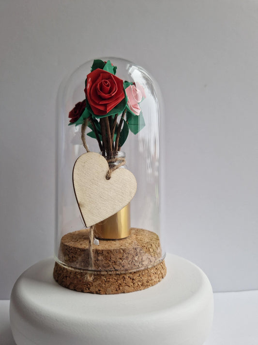 Paper Quilling Roses in a Vase and encased in a Cloche Jar. Christmas Mother's Day Birthday Gift