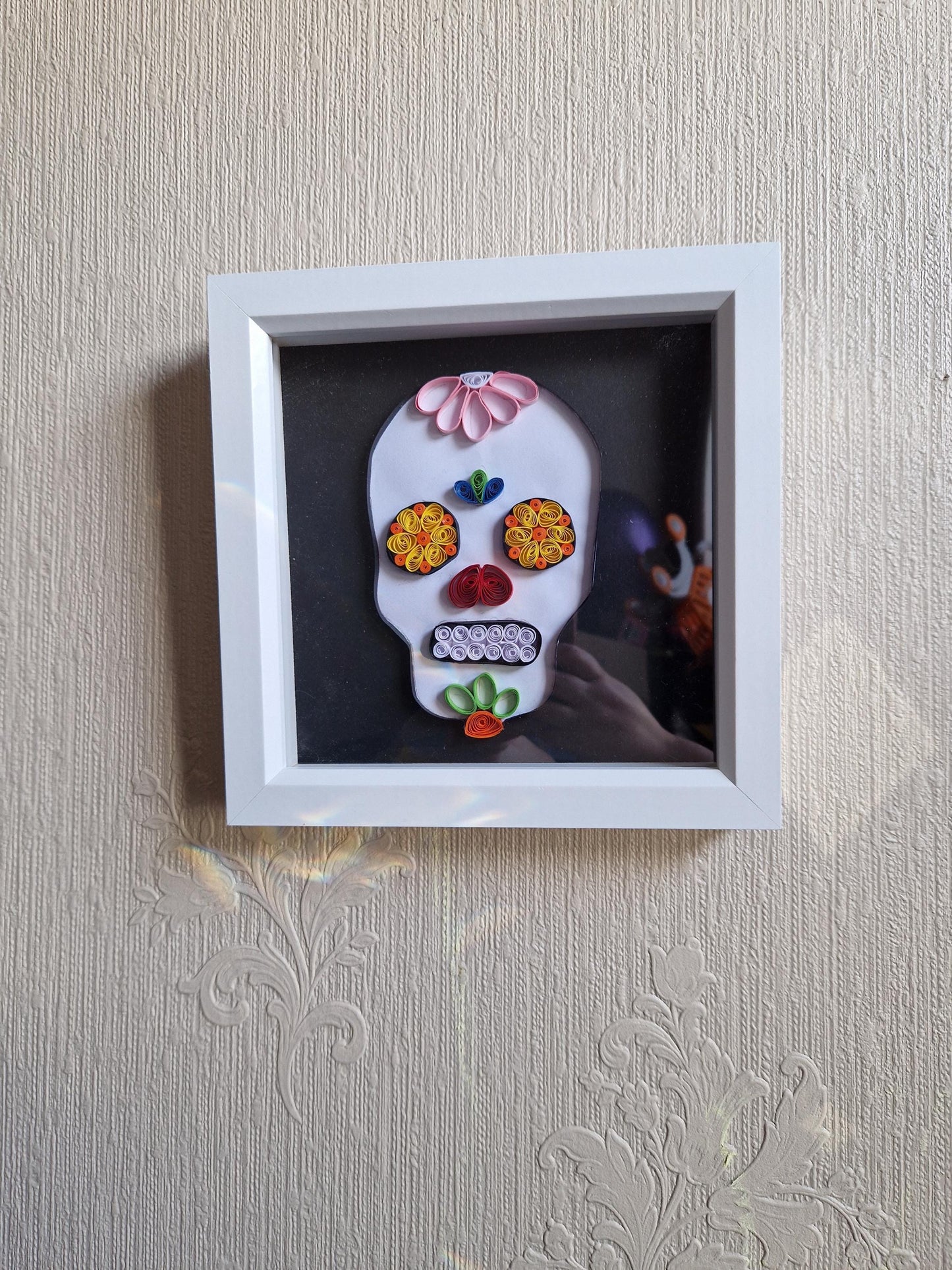 Handmade Quilled Paper Sugar Skull Art: Colorful Halloween Wall Decor
