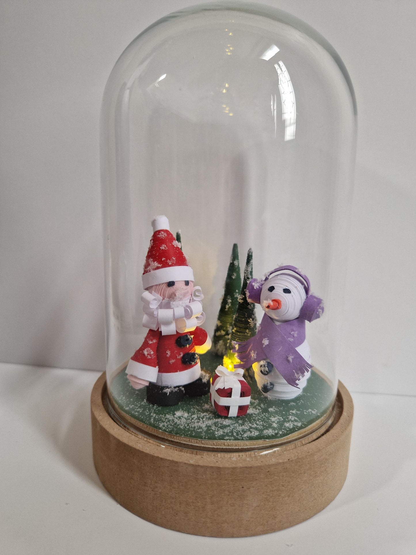 3D Santa and Frosty Christmas Decoration Quilled Paper diorama in a light up Cloche Jar