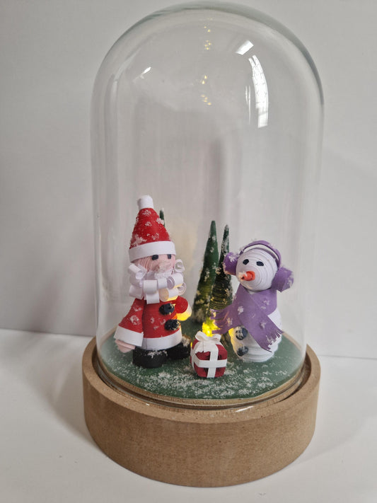 3D Santa and Frosty Christmas Decoration Quilled Paper diorama in a light up Cloche Jar