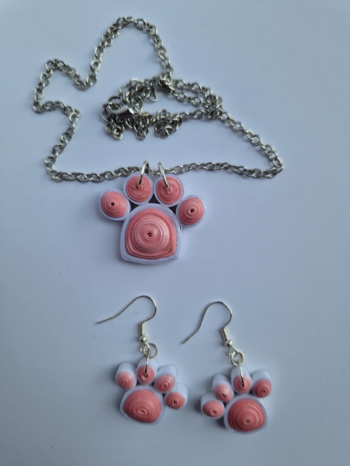 Handmade Quilled Paper Paw Print Jewelry Set: Filigree Earrings and Necklace