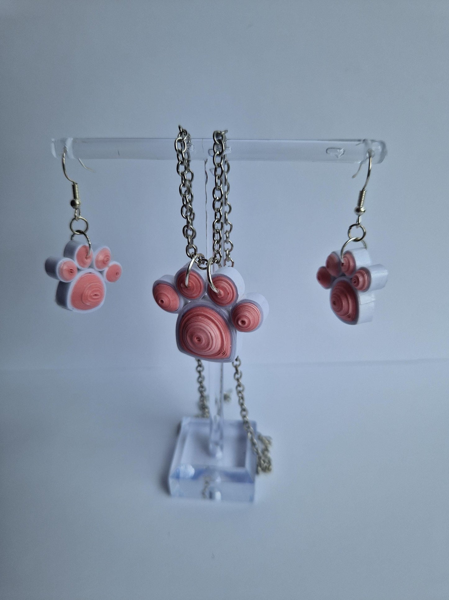 Handmade Quilled Paper Paw Print Jewelry Set: Filigree Earrings and Necklace