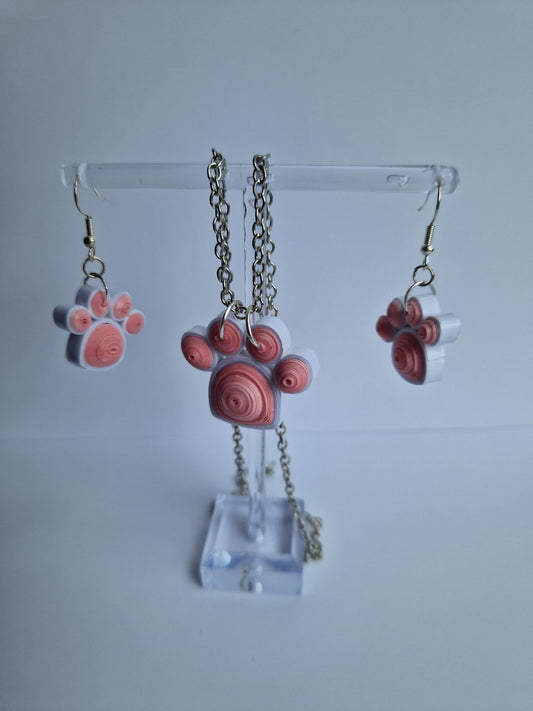 Handmade Quilled Paper Paw Print Jewelry Set: Filigree Earrings and Necklace