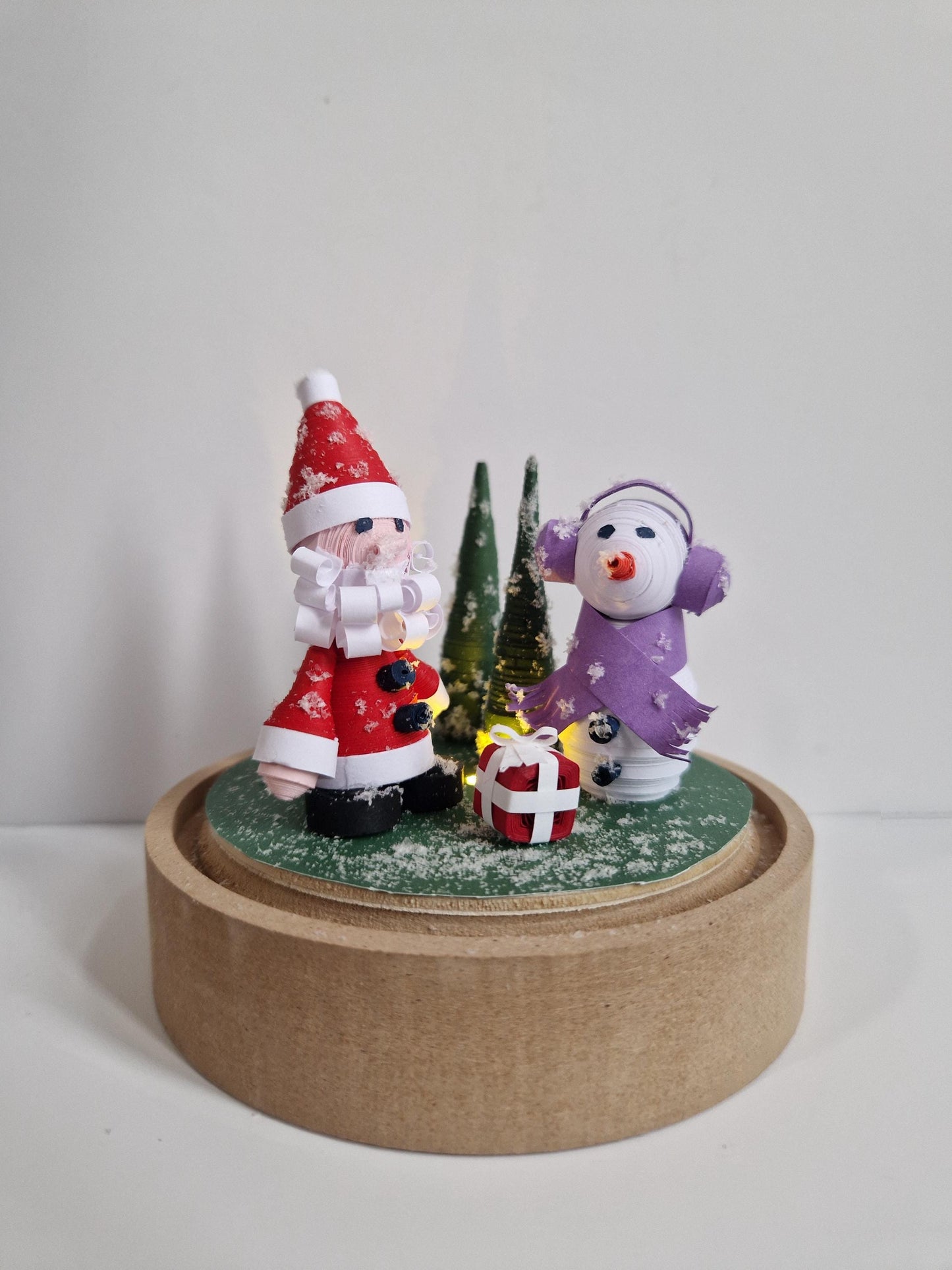 3D Santa and Frosty Christmas Decoration Quilled Paper diorama in a light up Cloche Jar