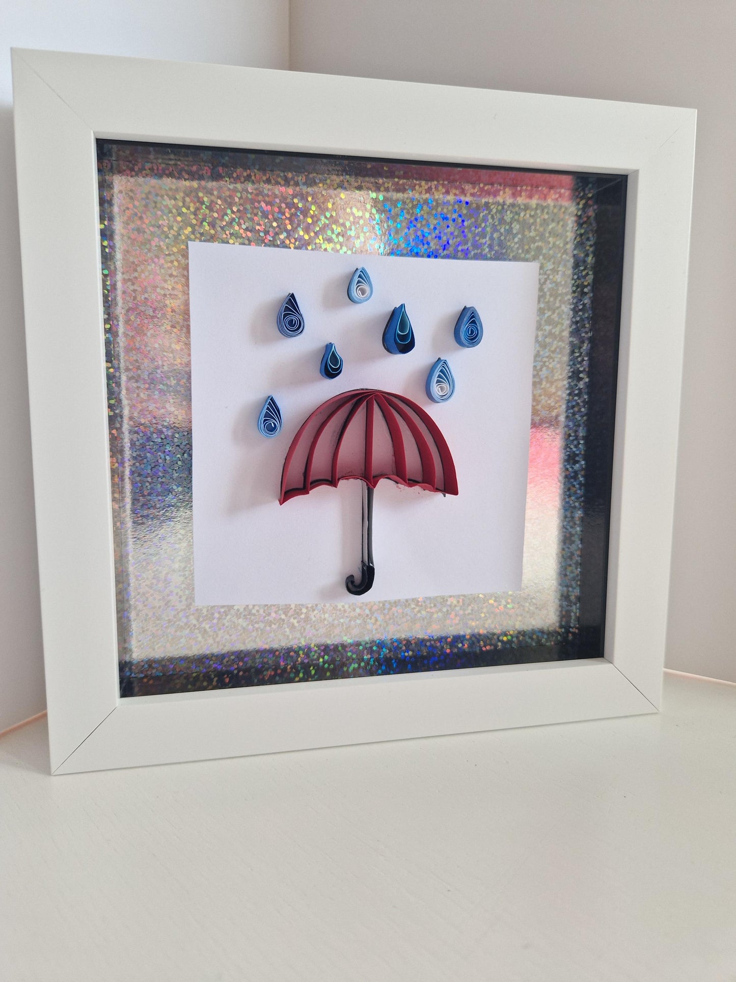Handmade Quilled Paper Umbrella  in a Frame | Rainy Day Quilling Wall Art Gift Unique Nursery Decor Fancy Colourful Fun!