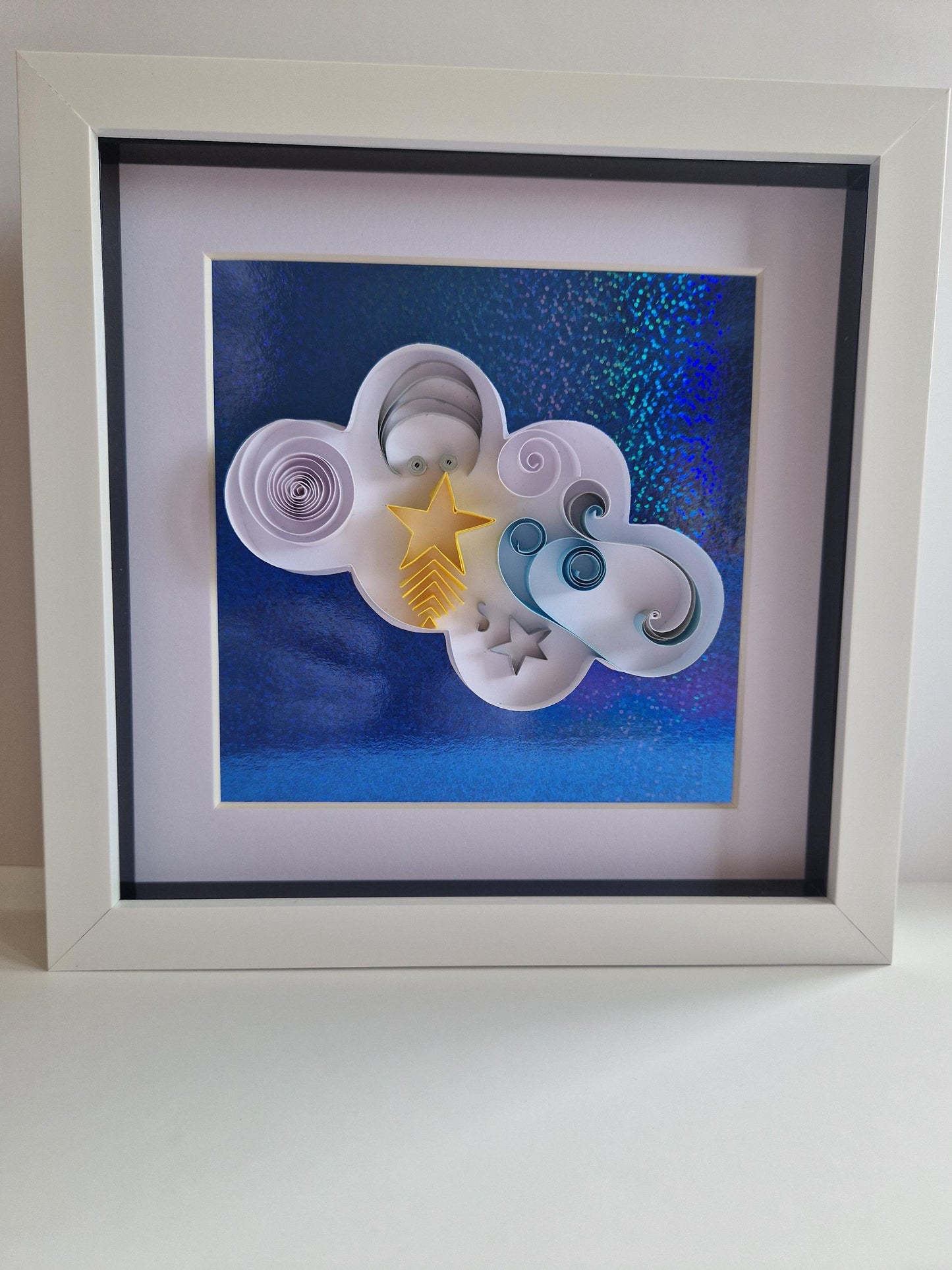 Handmade Quilled Paper Cloud Wall Art: Colorful Filigree in White Frame