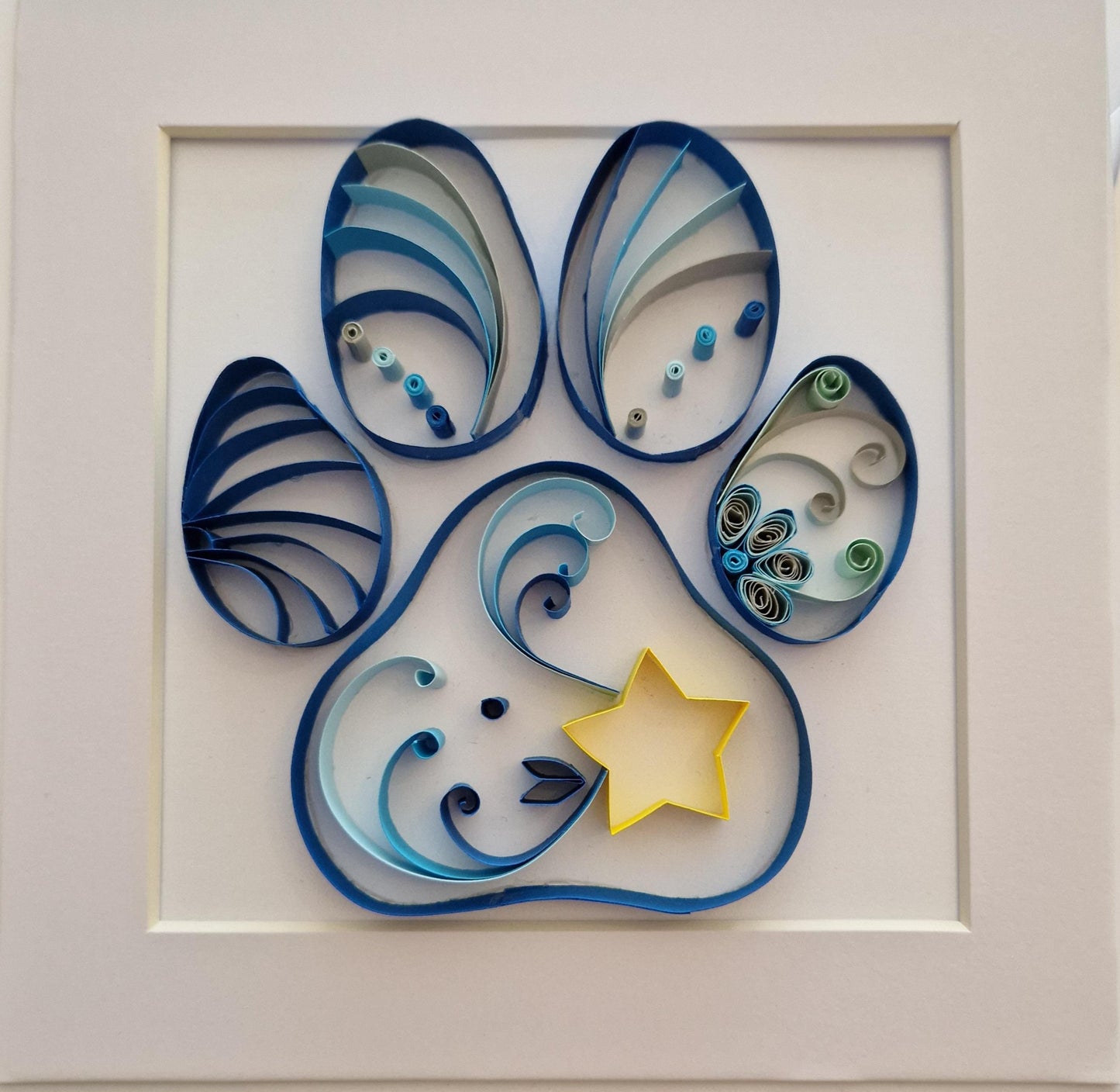 Handmade Quilled Paper Paw Print in a Frame | Filigree Quilling | Cat Dog Blue