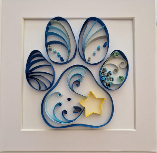 Handmade Quilled Paper Paw Print in a Frame | Filigree Quilling | Cat Dog Blue