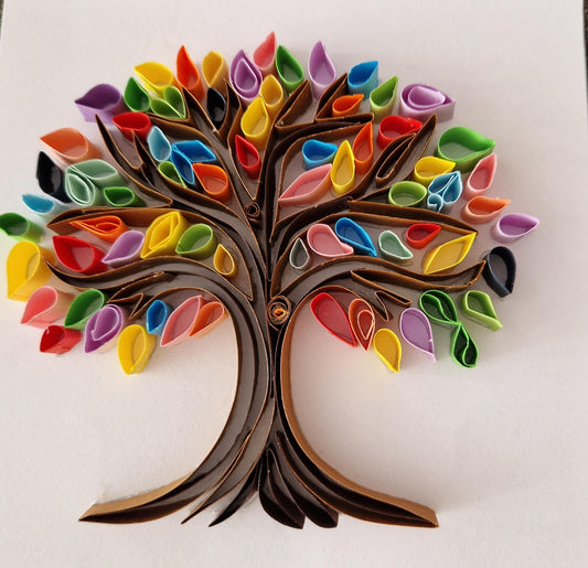 Handmade Quilled Paper Tree Wall Art: Colorful Filigree in White Frame