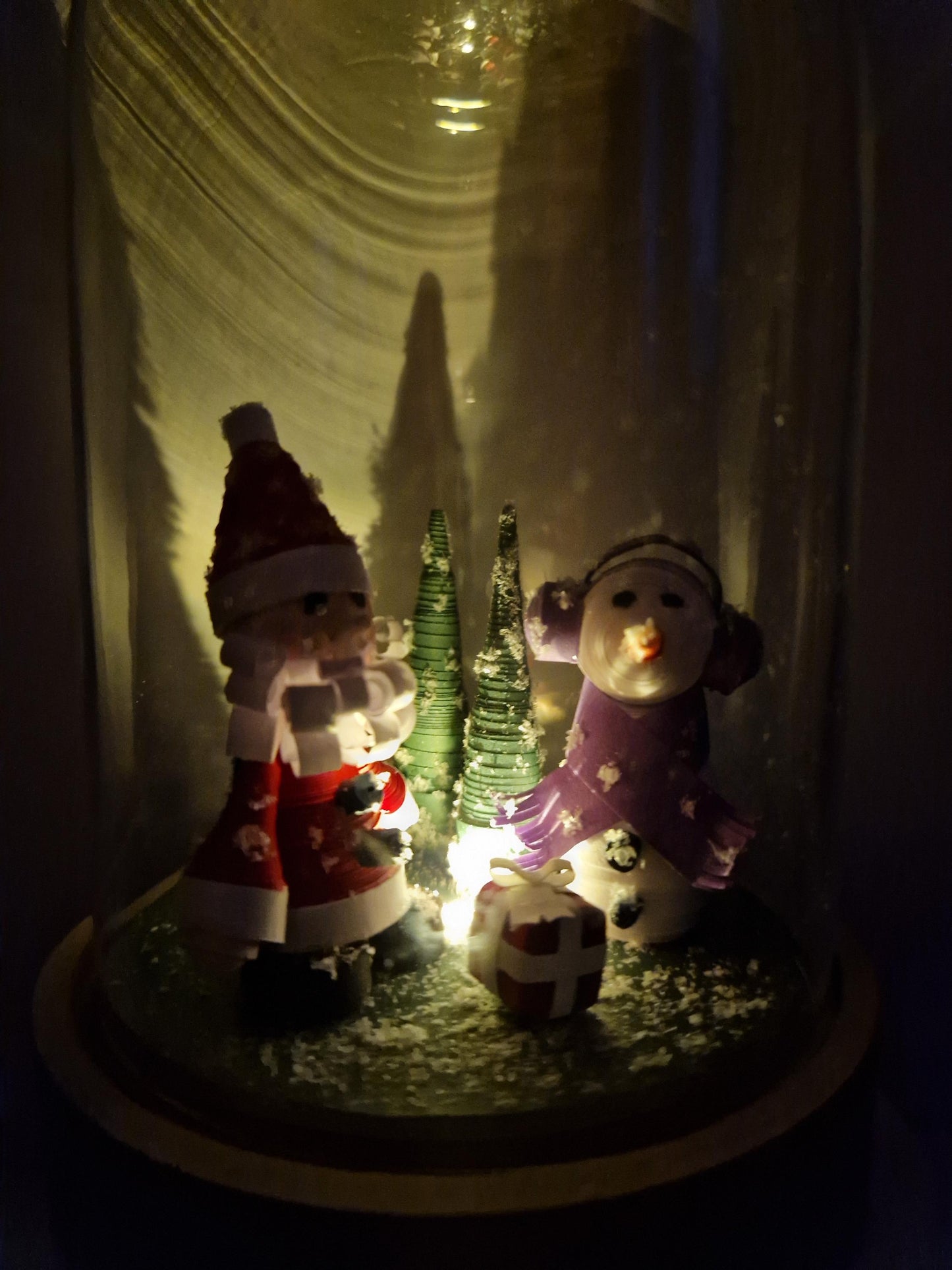3D Santa and Frosty Christmas Decoration Quilled Paper diorama in a light up Cloche Jar