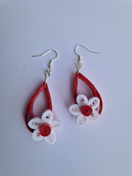 Handmade Quilled Paper Red Flower, Unusual Unique Shaped Earrings