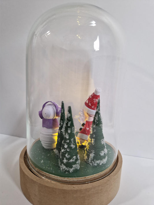 3D Santa and Frosty Christmas Decoration Quilled Paper diorama in a light up Cloche Jar