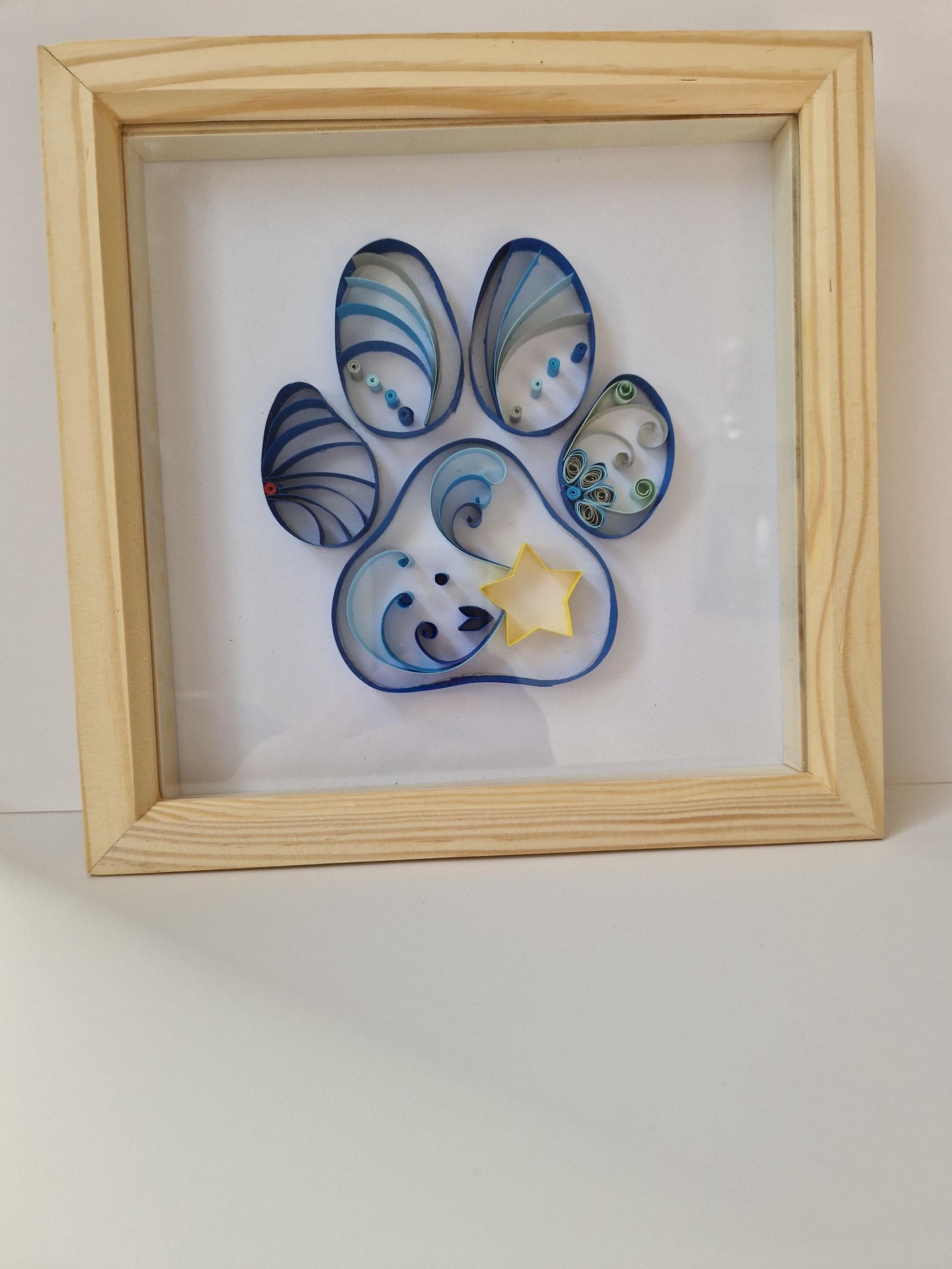 Handmade Quilled Paper Paw Print in a Frame | Filigree Quilling | Cat Dog Blue