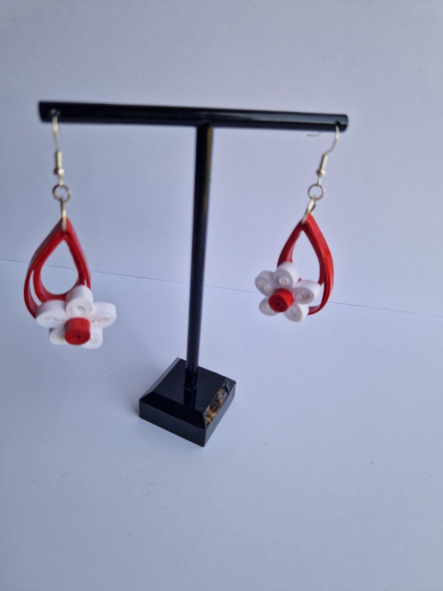 Handmade Quilled Paper Red Flower, Unusual Unique Shaped Earrings