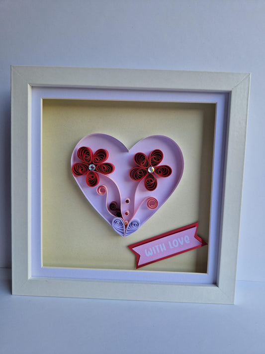 Handmade Quilled Paper Flower Heart in Frame: Unique Filigree Wall Art