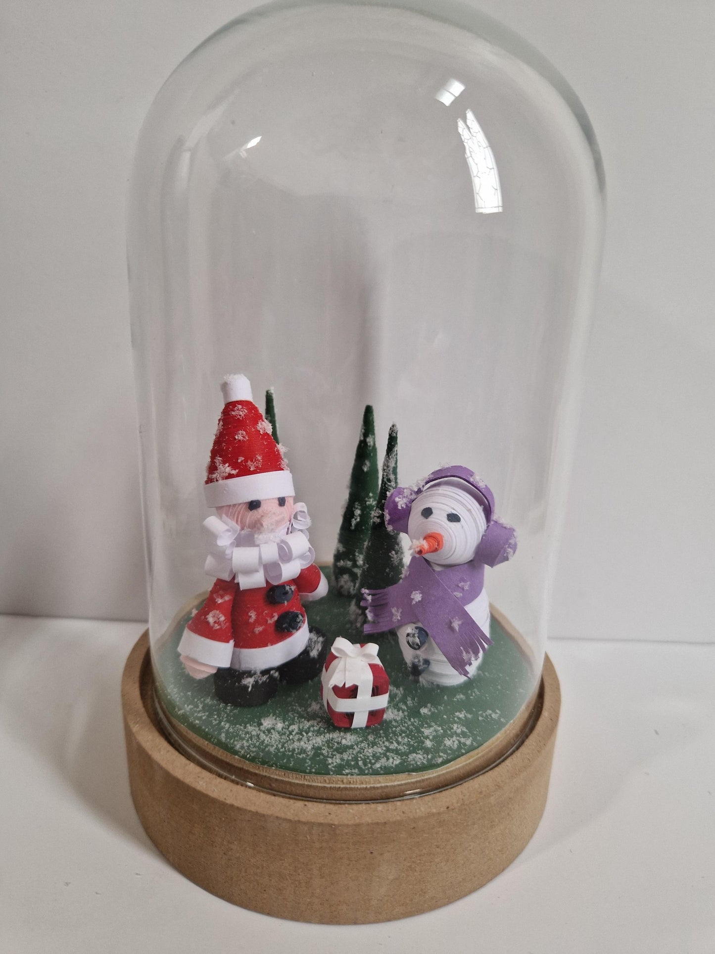 3D Santa and Frosty Christmas Decoration Quilled Paper diorama in a light up Cloche Jar