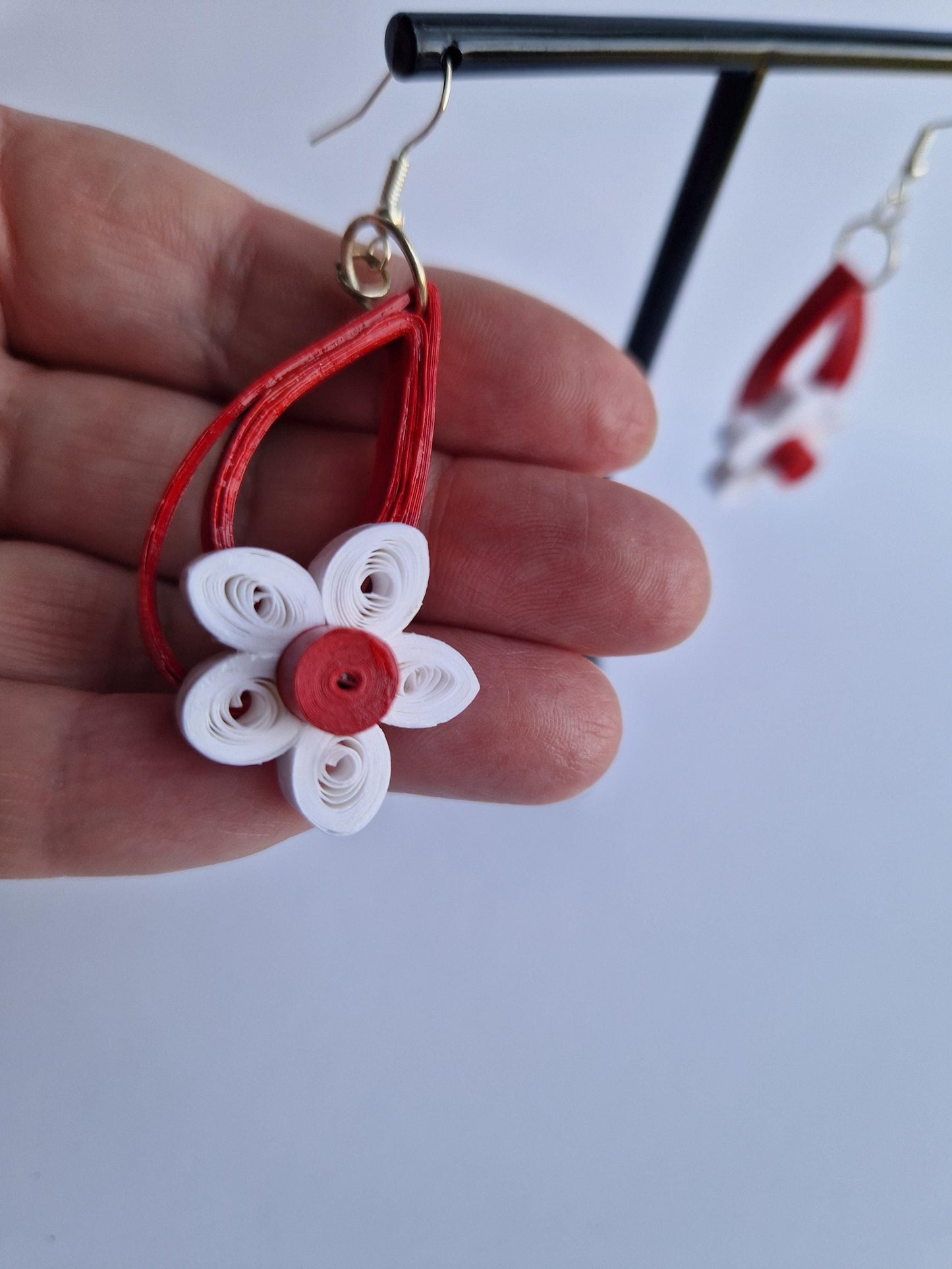 Handmade Quilled Paper Red Flower, Unusual Unique Shaped Earrings