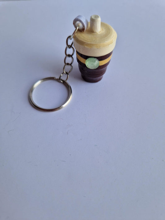Handmade Quilled Paper Coffee Cup Keyring: 3D Filigree Art Gift