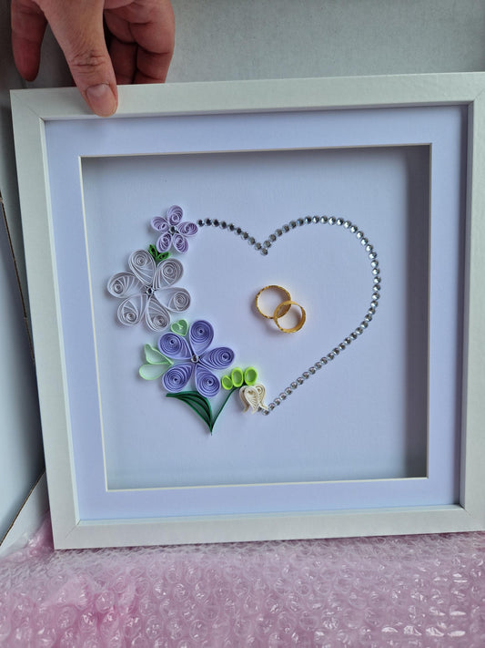 Paper Quilling Art: Wedding and Anniversary Framed Gift Love Heart Wall Art - Wedding Rings and Flowers