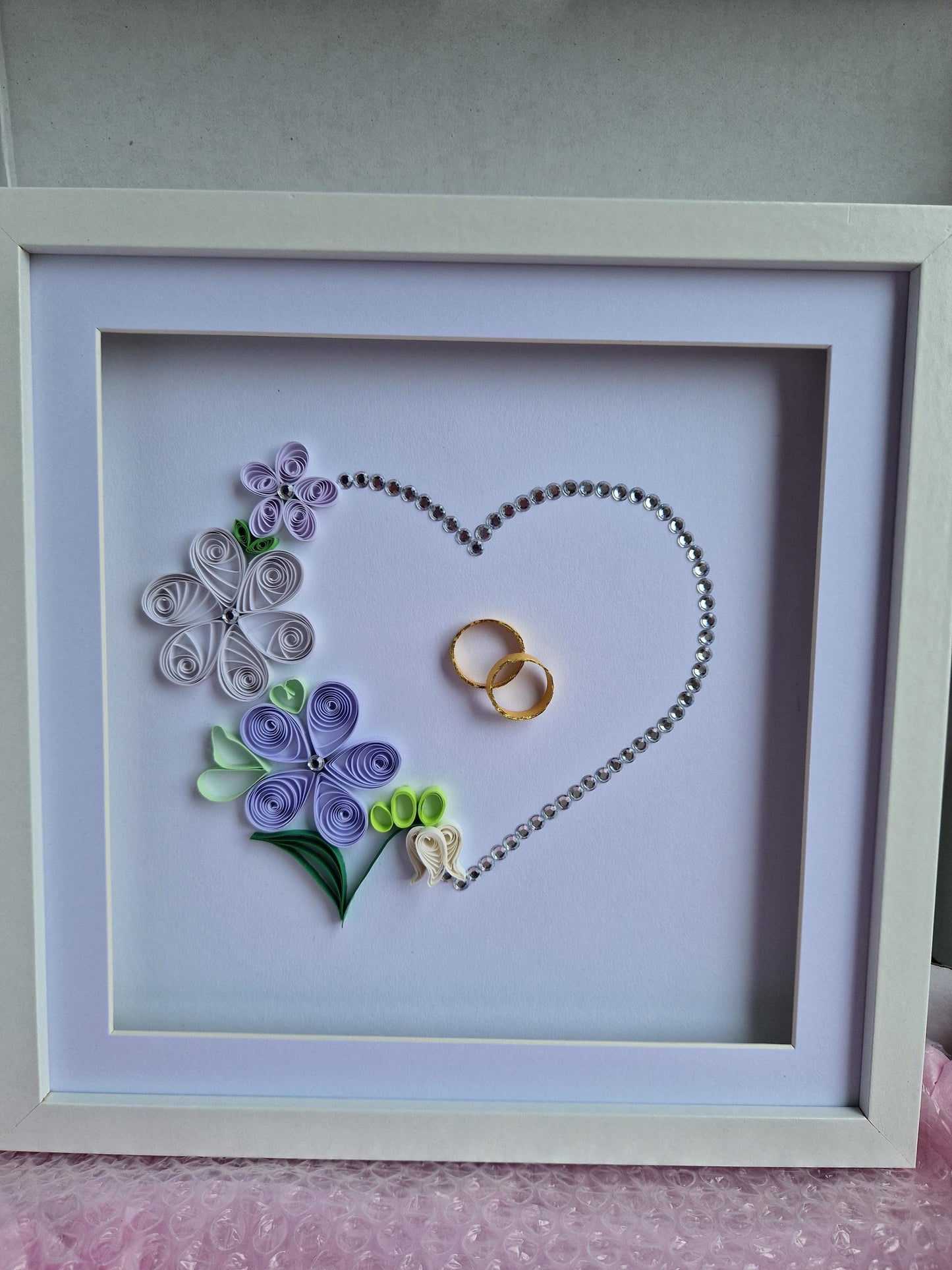 Paper Quilling Art: Wedding and Anniversary Framed Gift Love Heart Wall Art - Wedding Rings and Flowers