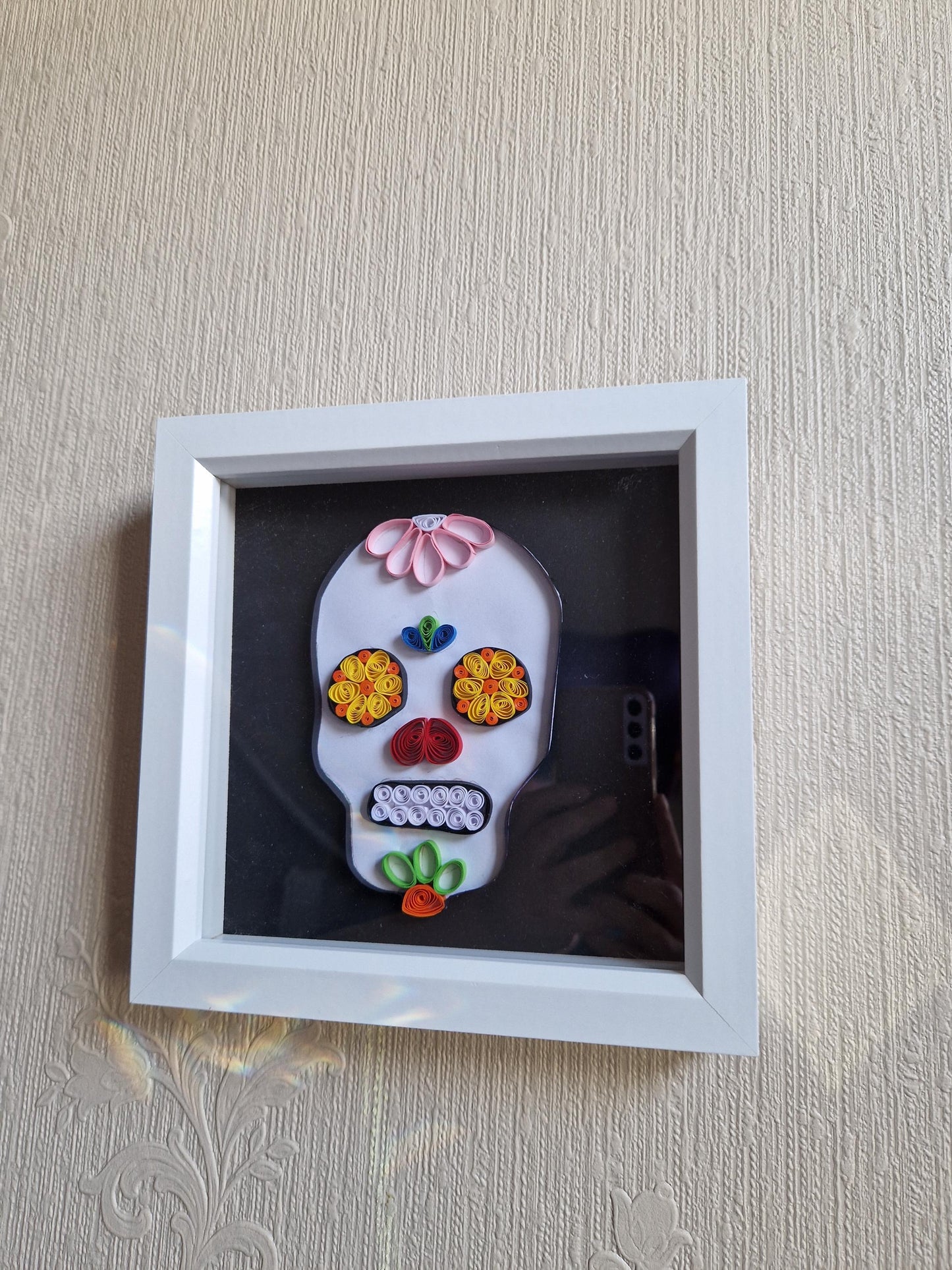 Handmade Quilled Paper Sugar Skull Art: Colorful Halloween Wall Decor