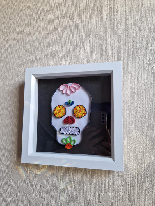 Handmade Quilled Paper Sugar Skull Art: Colorful Halloween Wall Decor