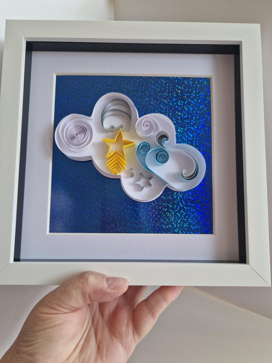 Handmade Quilled Paper Cloud Wall Art: Colorful Filigree in White Frame