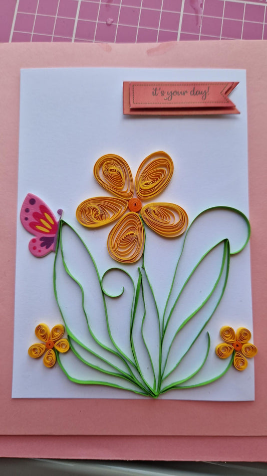 Quilled Yellow Flower Card: Handmade Paper Art - Birthday Greetings